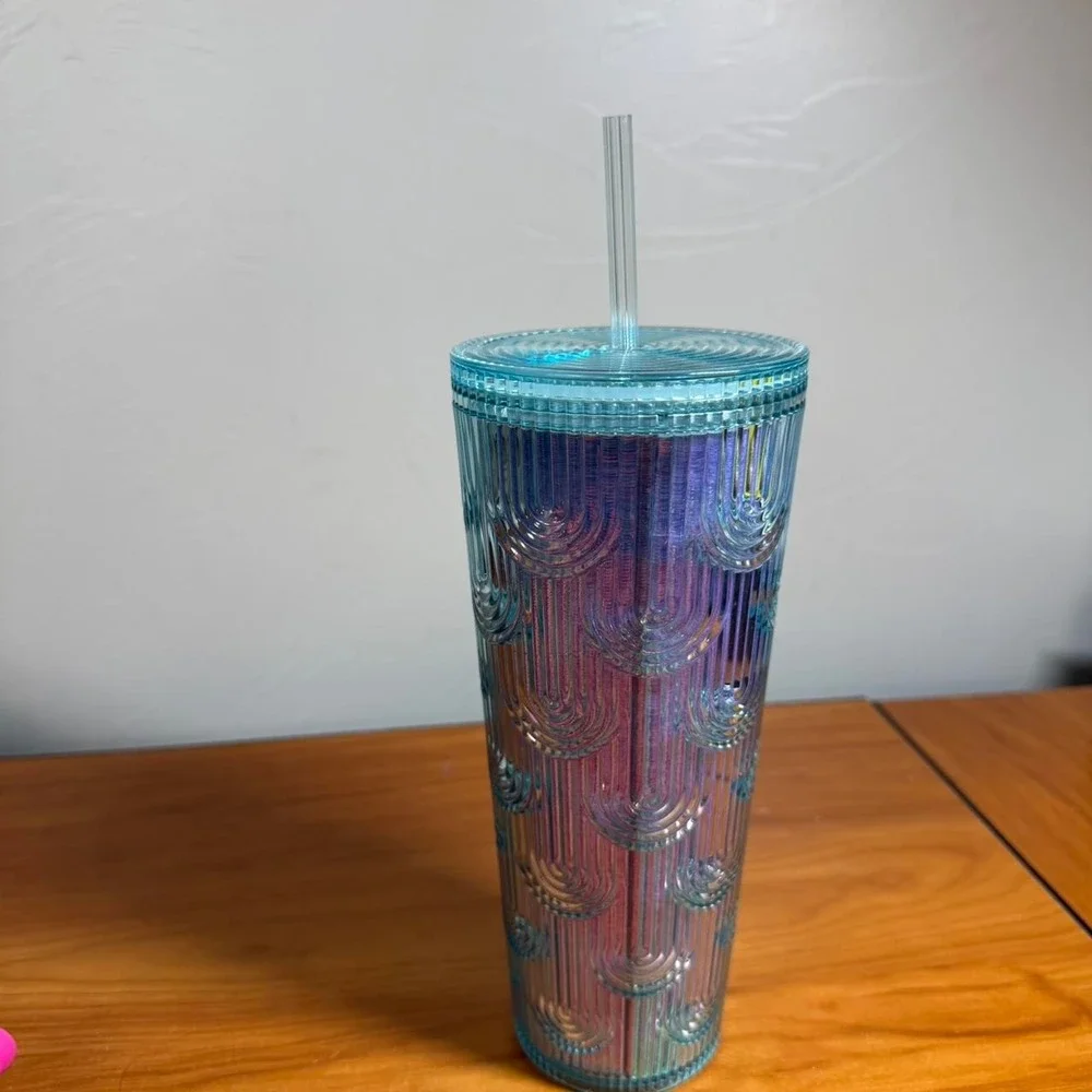 Starbucks Iridescent Blue and purple tumbler Rainbiw with straw
